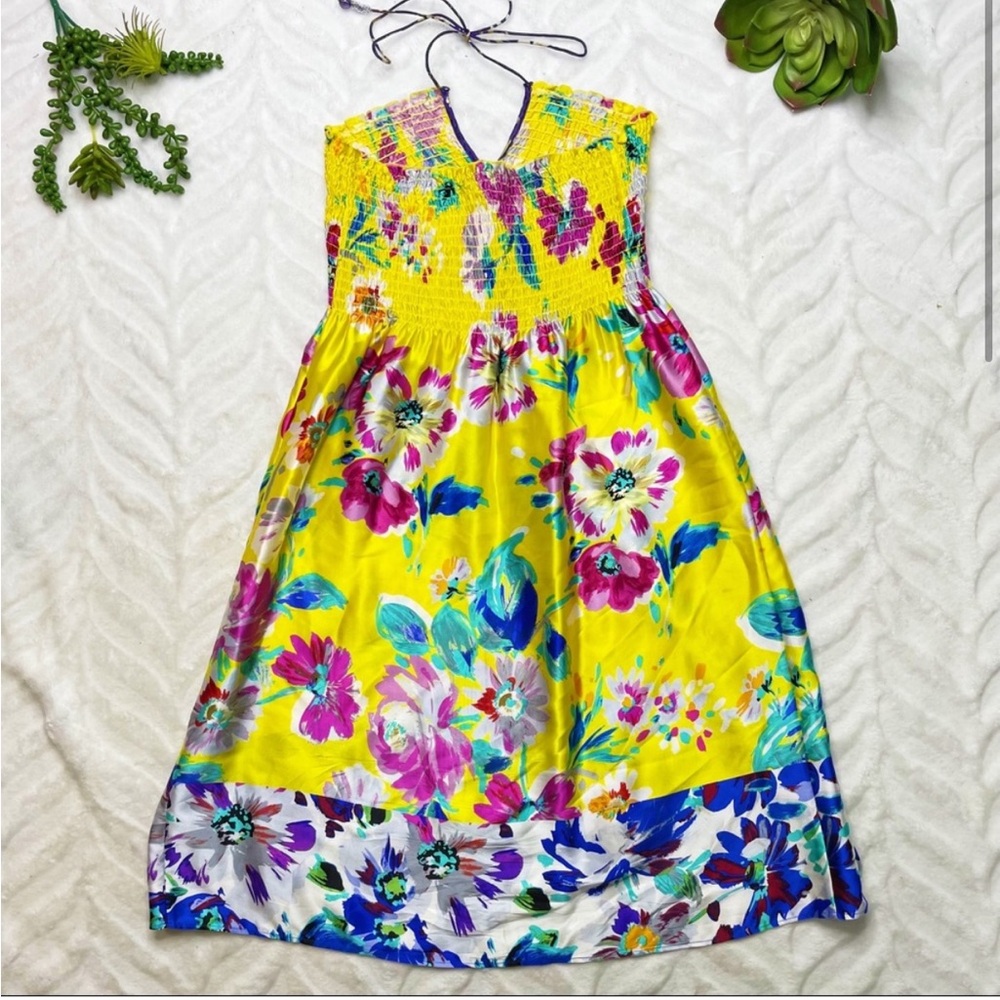 Calypso St. Barth Tropical Floral Smocked Halter Sundress  in Yellow Purple XS